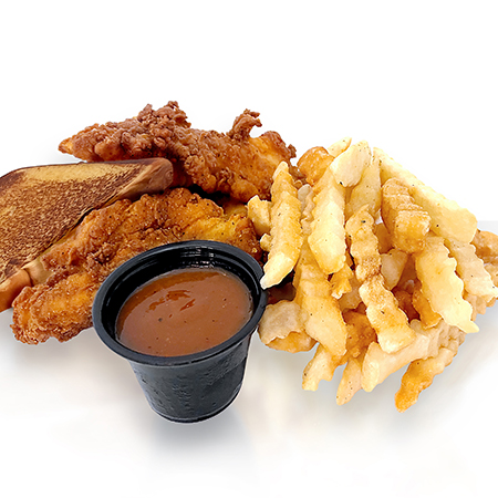 chicken fingers fries and toast with white background