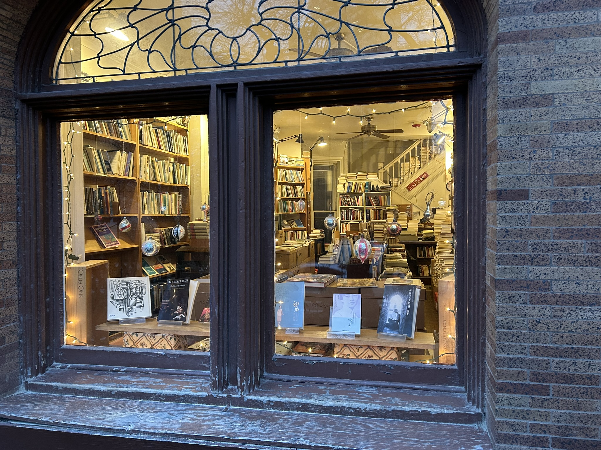 bookstore window decorated for holidays
