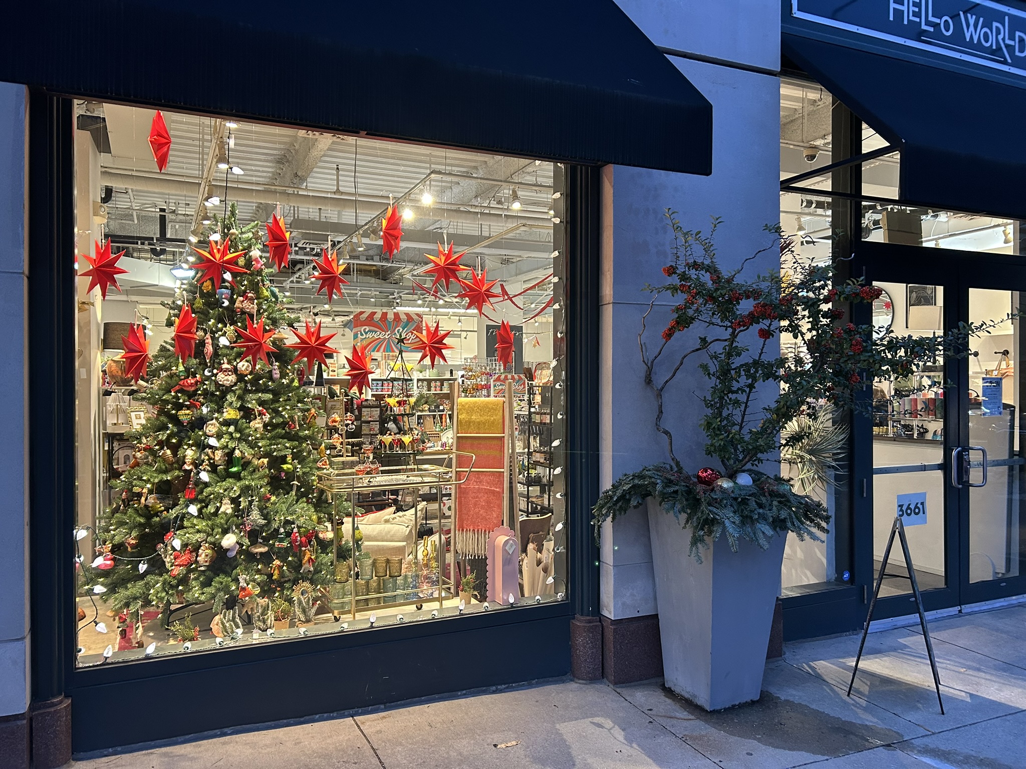 HELLO WORLD window decorated for holidays