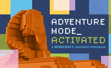 lego sphinx in front of multi color background and words adventure mode activated