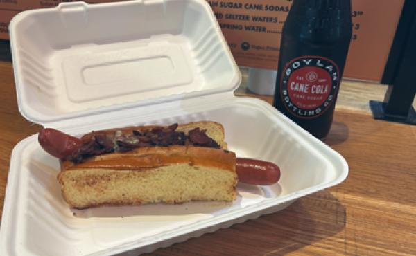 hot dog and glass bottle of cola