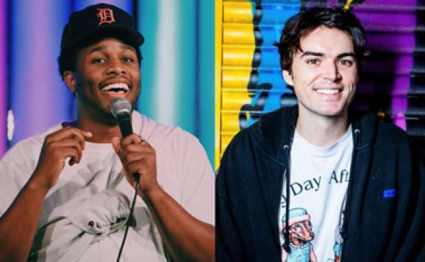 two men, one black and one white in front of colorful backgrounds