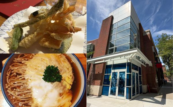 image of tempura, enuki and the exterior of the new Sagami restaurant location