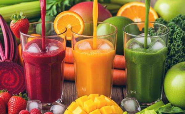 three glass cups surrounded by fresh fruit with red, yellow, and green juices being poared into each glass. 